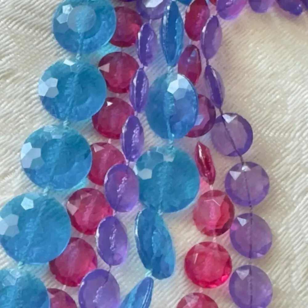 50” Unicorn Lucite Disc Bead Multi Strand Necklace Pink Blue Purple Vintage